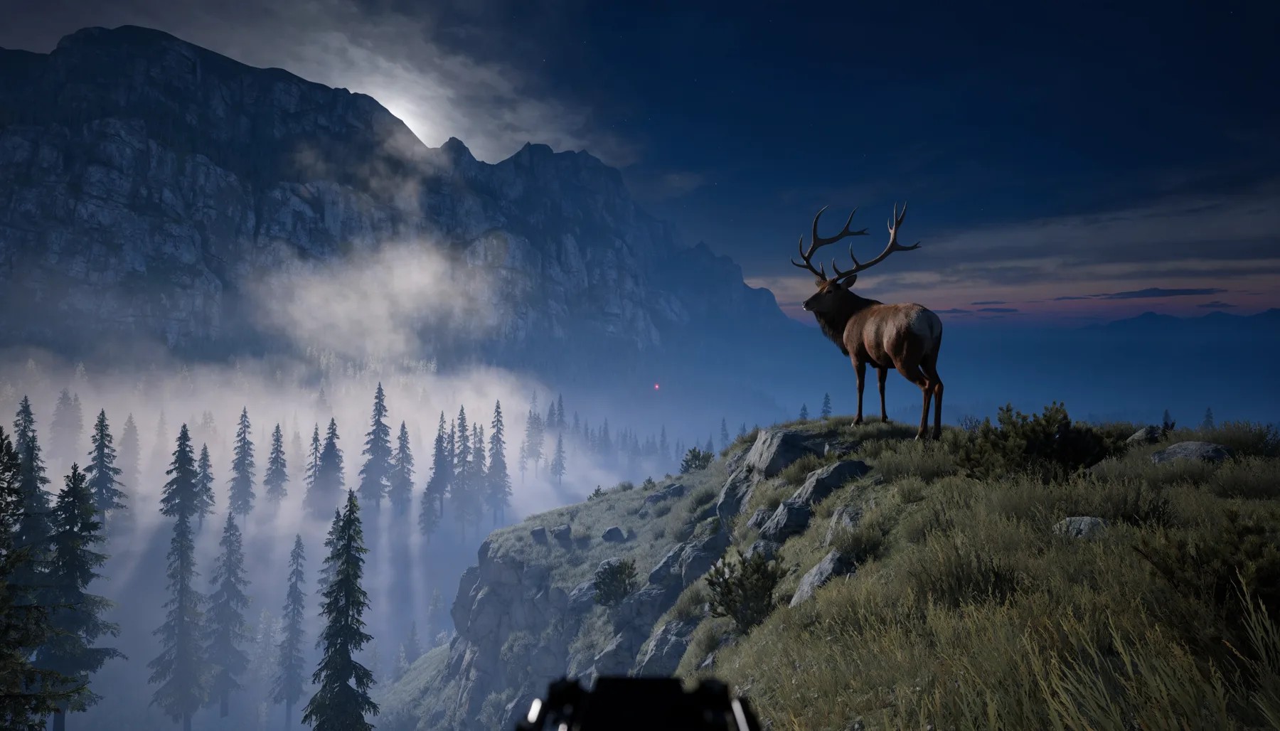 Adventure Hunter VR: an elk overlooking a mountain wilderness
