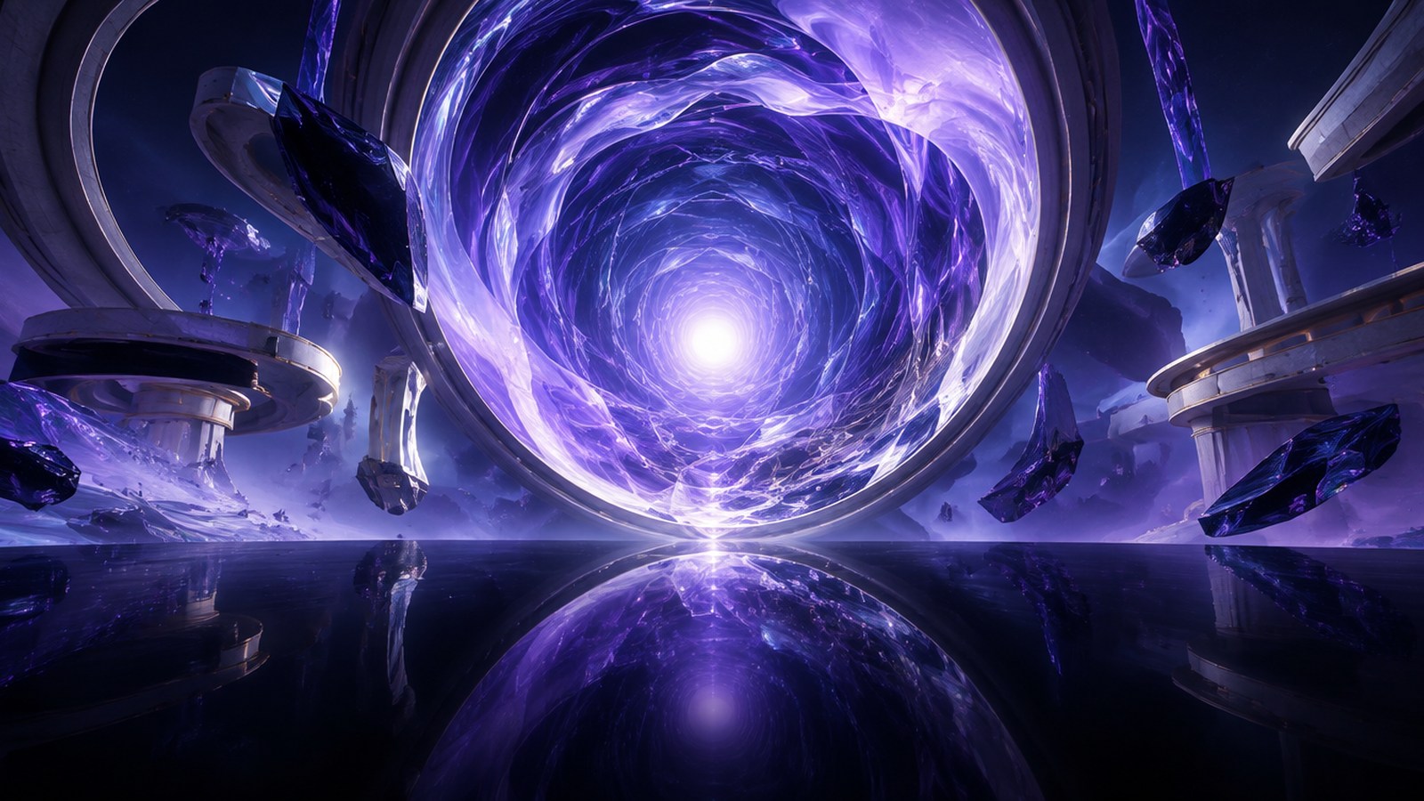 K Hole VR concept: a luminous violet aperture within an impossible mirrored tunnel