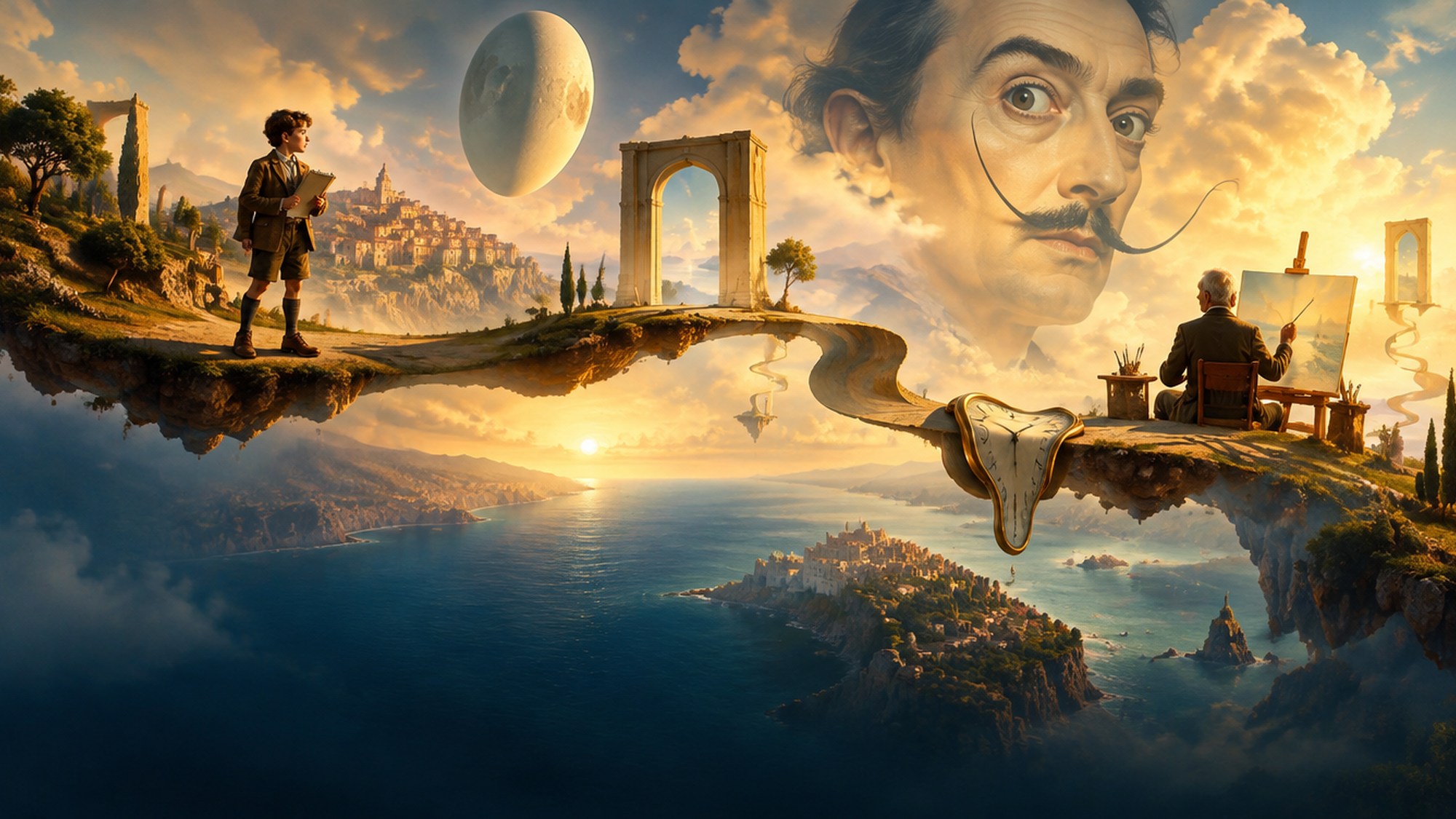Thru the Eyes of Dali concept: childhood and later life connected through a surreal Mediterranean dreamscape