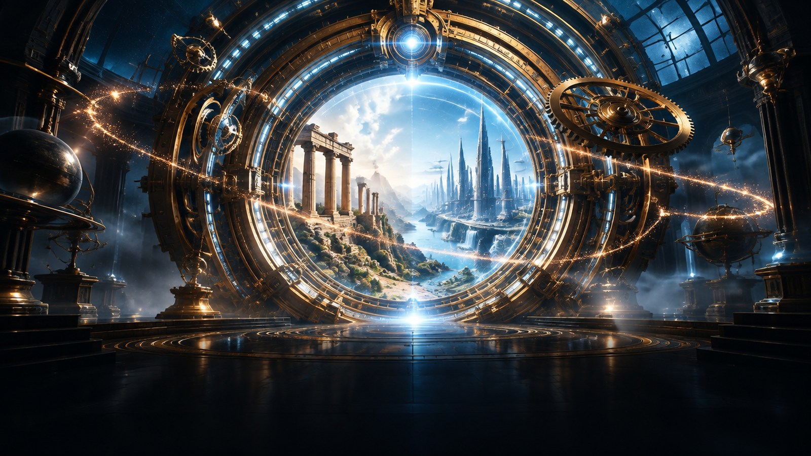 Time Machine VR concept: a luminous brass time gate opening between ancient and future worlds